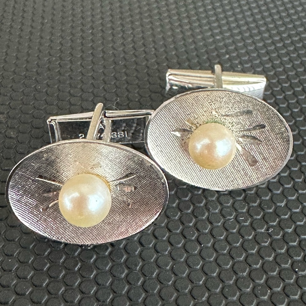 925 Sterling Silver Vintage Real Pearl Etched Cufflinks